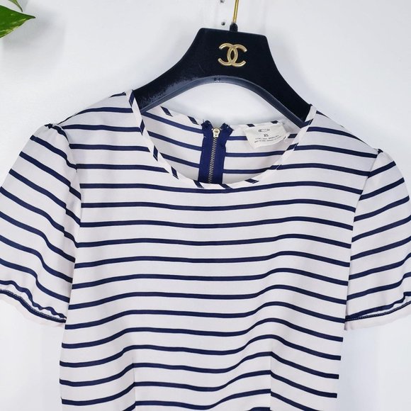 ANTHRO X PINS & NEEDLES Women's Cream Navy Blue Stripe Peplum Top XS Round Neck - Picture 6 of 14